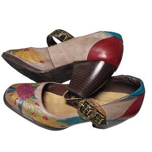 Socofy Retro Multicolor Floral Mary Jane Heels Leather Size EU 38 US 7.5